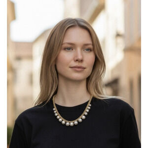 Gold Tone Chain Pearl Drop Statement Necklace Elegant Costume Jewelry Classic